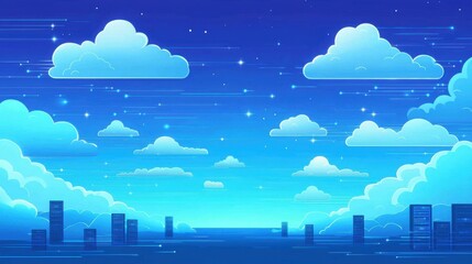 Obraz premium Digital transformation drives cloud disruption. Vibrant blue sky with stylized clouds and distant city skyline.