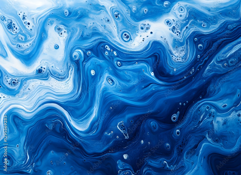Poster mesmerizing abstract ocean, an ink-like blend of blue tones, swirling patterns, and bubbles creating