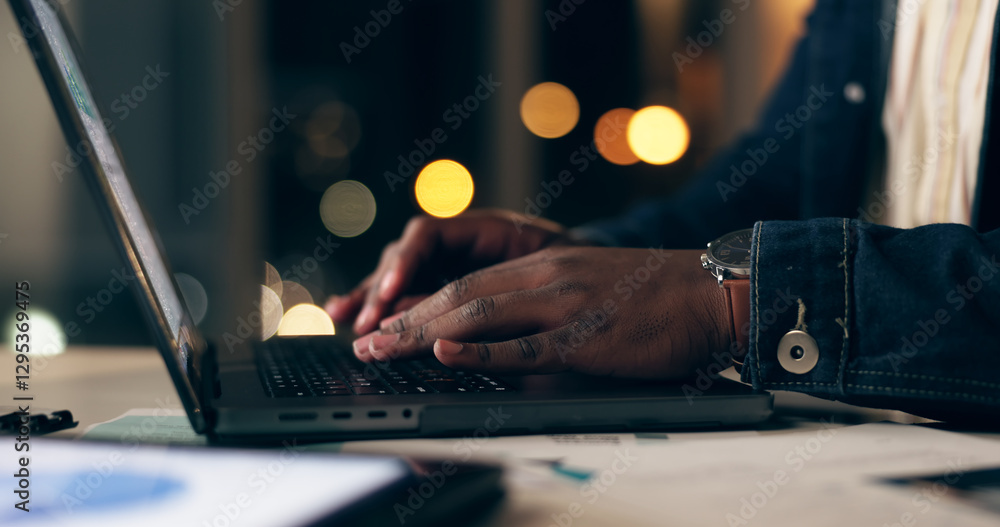 Poster Black man, laptop and working at night in office with business analytics or website with technology. Digital, planning or accounting with broker for overtime on internet or searching app with trader.