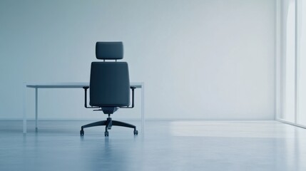 Executive departures with an office chair turned away from a desk. Featuring leadership change and career shift