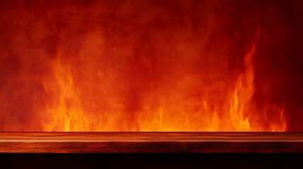 Fiery Flames Against Dark Red Background With Wooden Tabletop