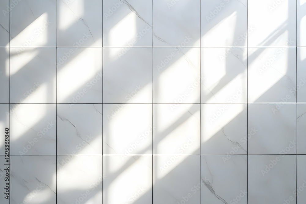 Poster modern white marble tile wall with sunlight and shadows creating an abstract pattern, perfect for in