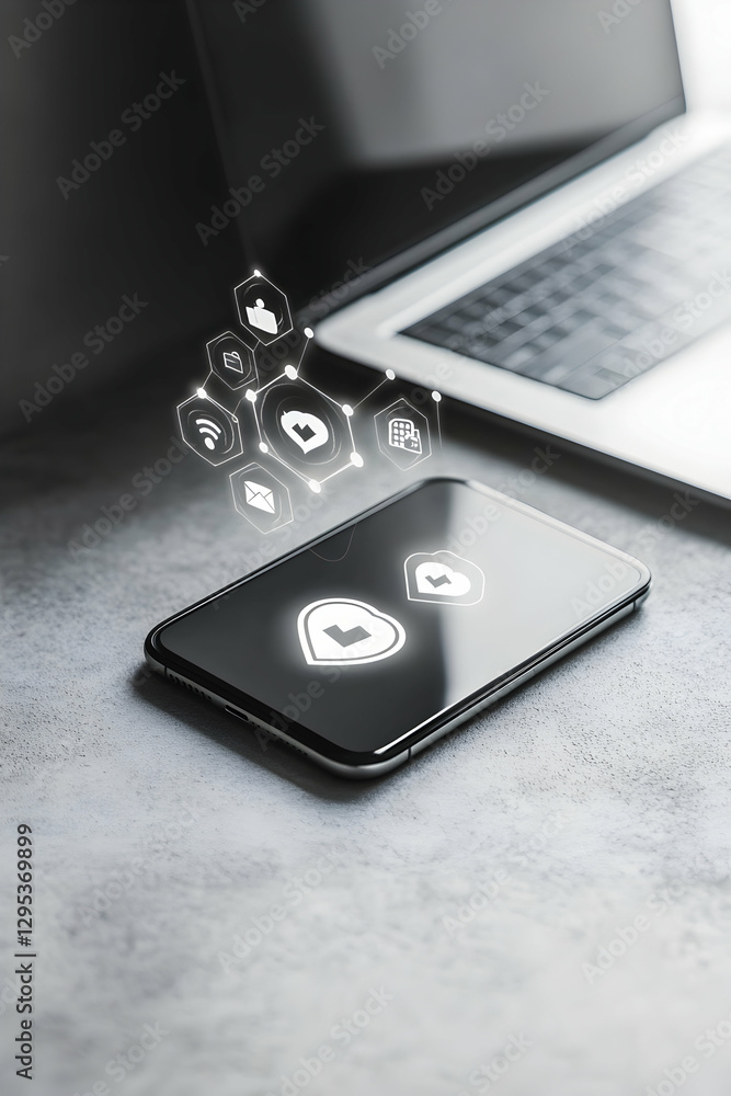Poster modern technology and cybersecurity, smartphone displaying security icons with a laptop background f