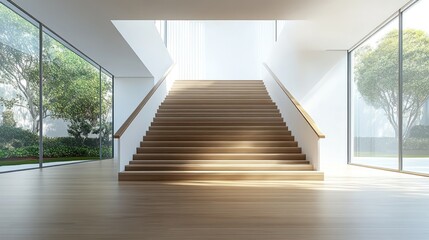 Modern wooden staircase in a bright, spacious hall
