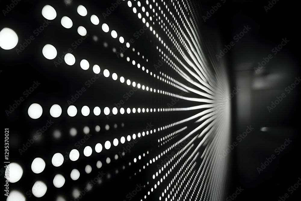 Poster monochrome light installation, abstract arrangement of illuminated dots creating depth and perspecti