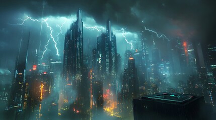 Fototapeta premium Cyberpunk Cityscape Under a Thunderous Storm