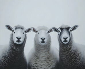 Fototapeta premium Monochrome portraits of three adorable sheep with fluffy wool, standing side-by-side in a snowy field, creating a captivating and charming winter scenery