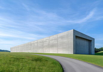 Obraz premium Monolithic Concrete Structure, A Modern Architectural Marvel Nestled in Green Pastures Under a Blue Sky, Symbolizing Strength, Simplicity, and Harmony with Nature