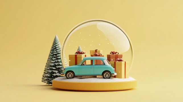 3D render Christmas snow globe vintage blue car festive holiday scene gift decorations pine tree winter magic nostalgic seasonal decor cozy warm minimal pastel toy kid glass ball joy cute studio retro