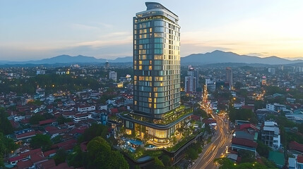 Fototapeta premium Stunning aerial twilight view of a modern skyscraper in a vibrant city nestled amongst mountains.
