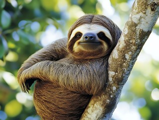 Smiling Sloth Resting Rainforest Tree
