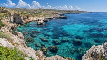 Panoramic view of the rocks and turquoise sea 