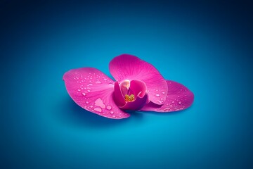 Fototapeta premium A vibrant pink orchid with water droplets rests on a vivid blue background, creating a serene and elegant composition.