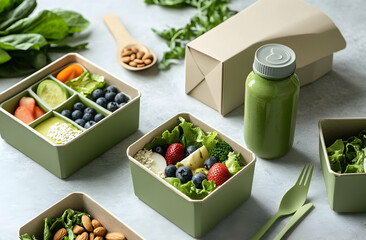 Nutritious and Fresh, A Collection of Healthy Meals in Eco-Friendly Bento Boxes and a Smoothie, Perfect for a Balanced Diet and Sustainable Living Choices