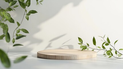 pedestal with wooden tops and green leaves. mockup for product presentation
