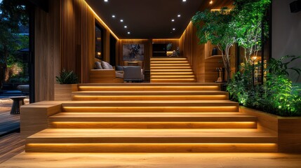 Obraz premium Modern Wooden Staircase with Interior Lighting