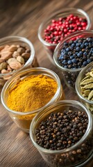 Assortment of Spices in Glass Jars on Wooden Table