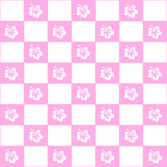 Abstract seamless pattern with flowers. Retro checkered pink background. 