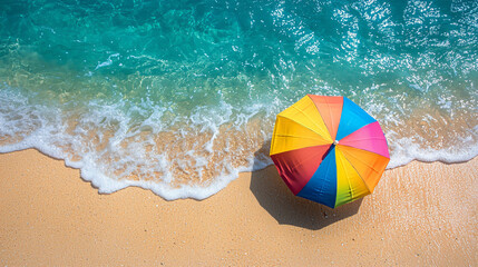 Obraz premium summer beach scene with a colorful umbrella stuck in the sand.
