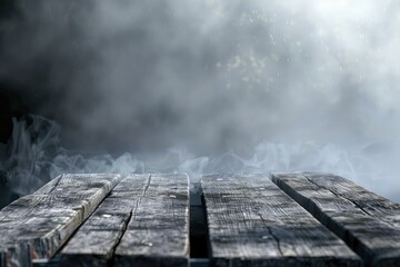 Detailed Color Image of Old Wooden Platform with Smoke in the Background