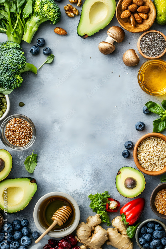 Poster overhead shot of an arrangement of healthy and nutritious food ingredients for wellbeing, balanced d