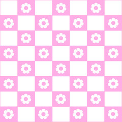 Abstract seamless pattern with flowers. Retro checkered pink background. 