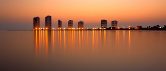 Fototapeta premium City skyline reflected in calm water at sunset.