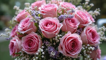 Elegant Bouquet of Pink Roses with White and Purple Accents
