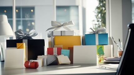 Executive departures with an office desk filled with farewell gifts. Featuring leadership transition and career change