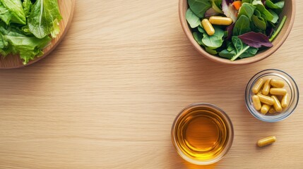 Obesity drug next to a bowl of salad and a cup of herbal tea on a wooden table. Featuring nutrition and weight management
