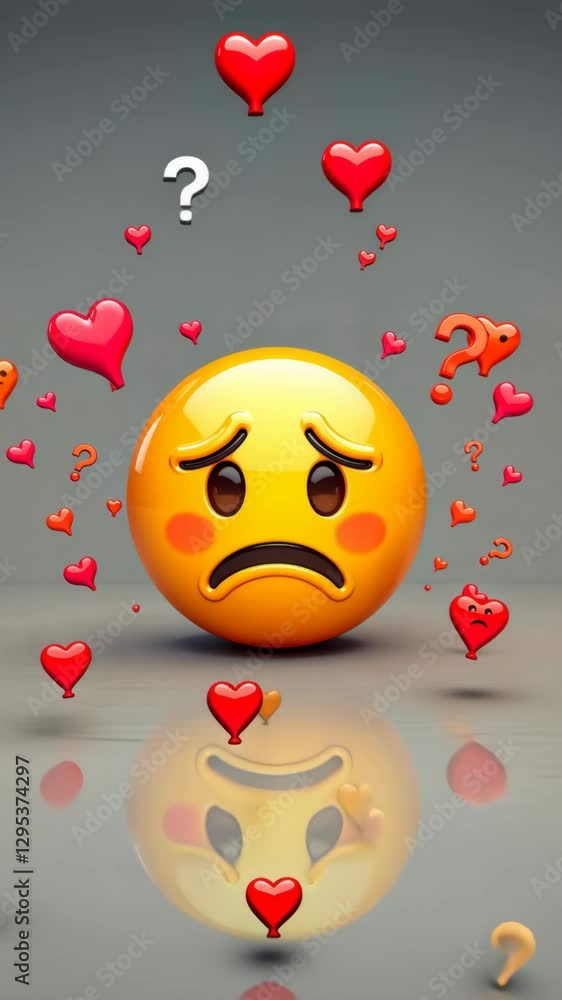 Aufkleber A sad face with a heart on it and a question mark. There are also other hearts and question marks around it