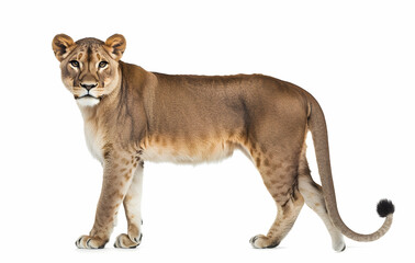Obraz premium Portrait of a Majestic Lioness Standing Proudly Against a Clean White Background, Showcasing its Strength and Elegance in a Captivating Studio Shot