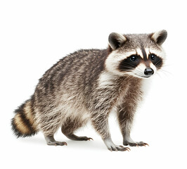 Obraz premium Portrait of a Curious Raccoon Standing Isolated on White Background, Emphasizing its Distinctive Mask and Bushy Tail in a Wildlife Setting