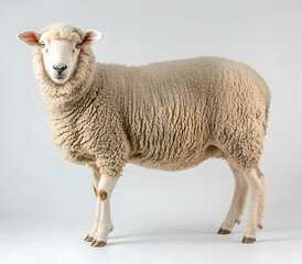 Obraz premium Portrait of a Sheep Standing on a White Background, Displaying its Thick Fleece and Gentle Expression in a High-Quality Studio Setting