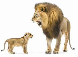 Obraz premium Powerful Roar, A Majestic Lion Confronts Its Adorable Cub in a Captivating Display of Wildlife and Parental Guidance on a Crisp White Backdrop