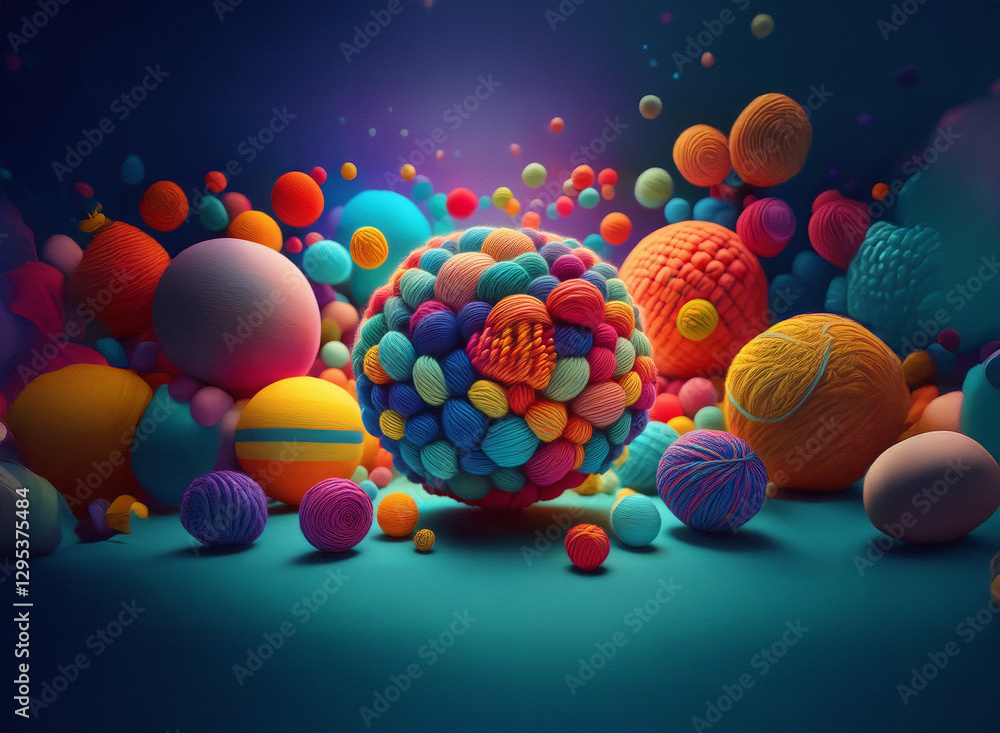 Poster a vibrant array of textured spheres in various colors are scattered against a blurred background cre