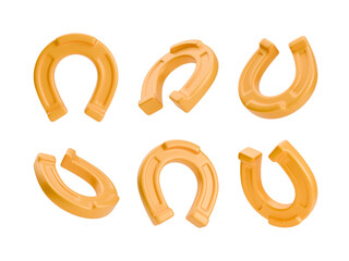 3D golden vector horseshoes. Realistic lucky icons. Gold symbol of good luck and success isolated on white. Yellow horseshoe in different view