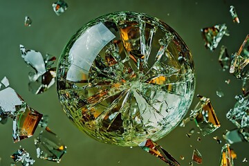 A sphere shattered into a thousand pieces, each shard reflecting light in a mesmerizing display, against a muted green backdrop.