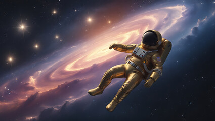 Fototapeta premium A mesmerizing visual representation Spaceman and planet, human in space, shimmering effects that give the impression of depth and dimensionality, created by generative ai