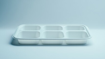 Empty white six-compartment food tray. Ideal for food packaging, meal prep, or organizing.