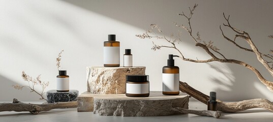 modern mockup cosmetic product in a dark brown glass bottle, jars, and bottles with a blank white label on podiums standing against a light gray background with wooden branches