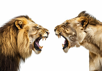 Roaring Rivals, A Face-Off Between Majestic Lions, Displaying Intense Aggression and Territorial Defense in a Powerful Wildlife Encounter Depicted on a White Background