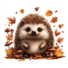 Cute hedgehog with autumn leaves and mushrooms in warm colors