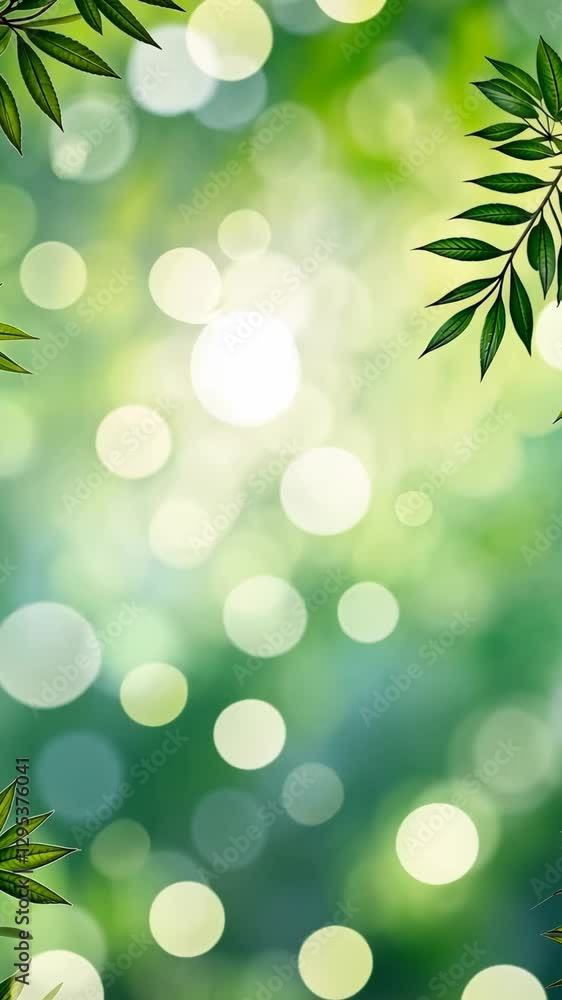 Poster a lush green background with a few leaves scattered throughout. the background is blurry, giving the