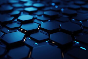 Obraz premium Abstract background with blue glowing hexagons a dark geometric pattern. Futuristic wallpaper with night lights and shadows. Black technology wall design element