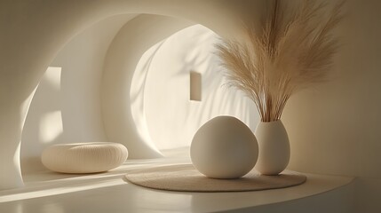 The minimalist style interior displays neutral tones and soft textures