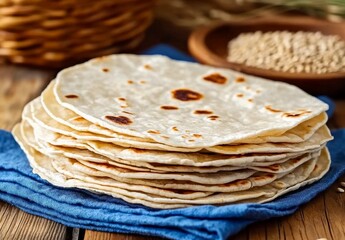 A stack of freshly made homemade flour tortillas with golden brown spots, served on a rustic wooden table with a blue linen napkin, showcasing traditional Mexican cuisine and homemade baking
