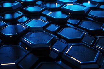 Fototapeta premium Abstract background with blue glowing hexagons a dark geometric pattern. Futuristic wallpaper with night lights and shadows. Black technology wall design element