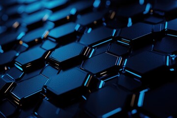 Obraz premium Abstract background with blue glowing hexagons a dark geometric pattern. Futuristic wallpaper with night lights and shadows. Black technology wall design element
