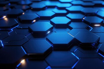 Abstract background with blue glowing hexagons a dark geometric pattern. Futuristic wallpaper with night lights and shadows. Black technology wall design element